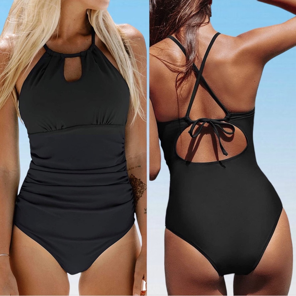 Black One Piece Swimsuit High Neck Tummy Control Swimwear Bathing Suit SIZE M